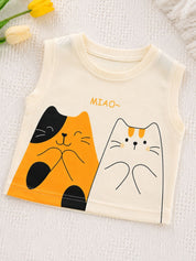 Googo Gaaga Boys Cat Graphic Printed Sleeveless T-Shirt with Orange Shorts Set