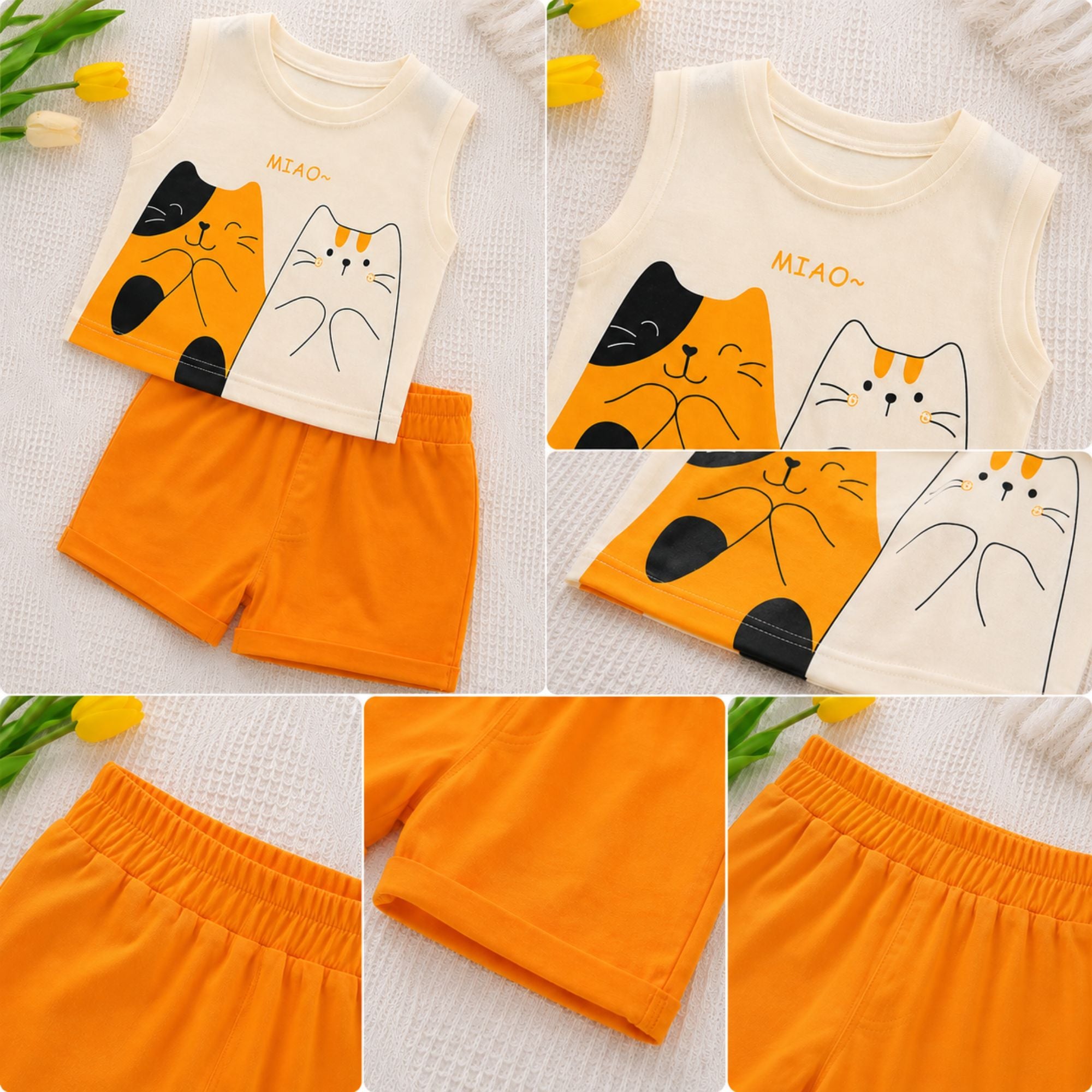 Googo Gaaga Boys Cat Graphic Printed Sleeveless T-Shirt with Orange Shorts Set