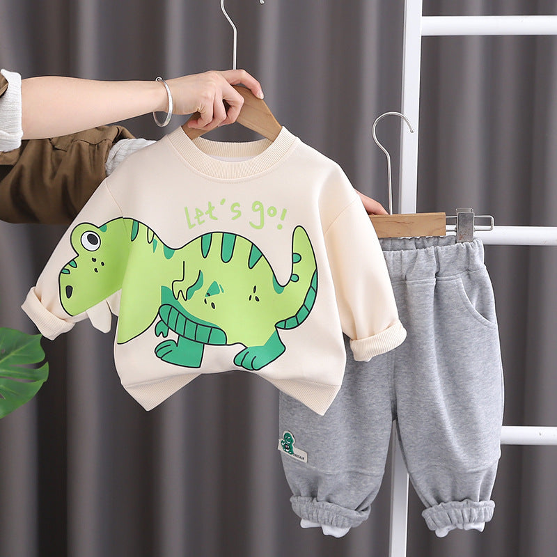 Boy's Cream Dino Print Sweatshirt & Pants numar