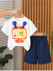 Googo Gaaga Boys Robot Graphic Printed T-Shirt with Denim Shorts Set