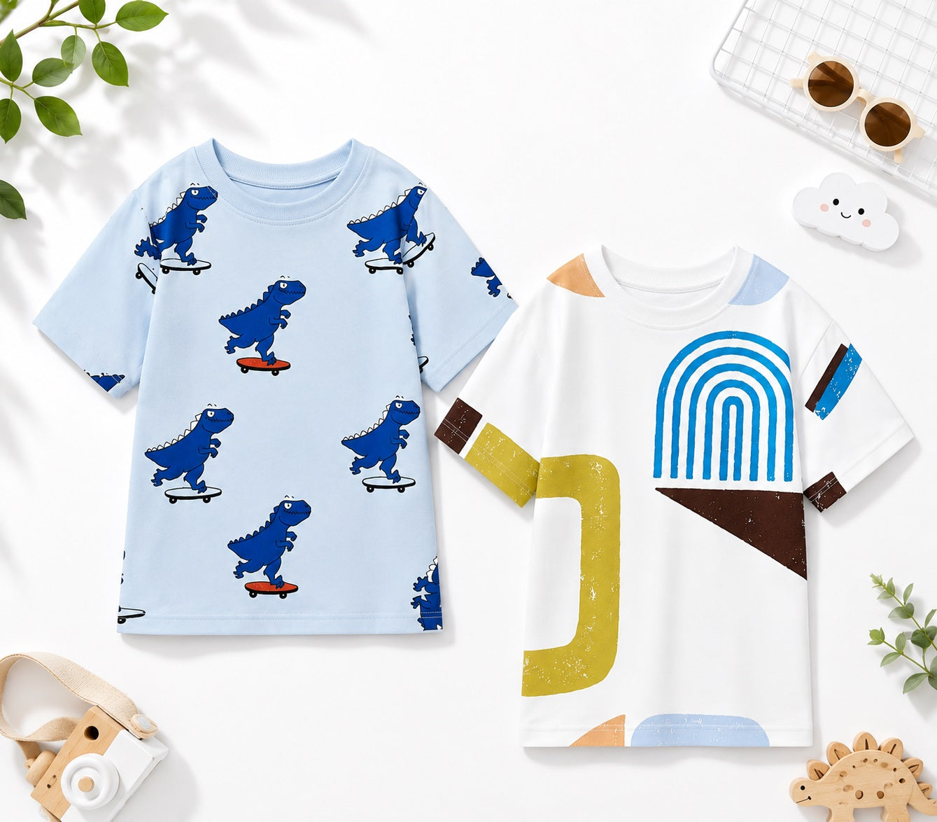 Googo Gaaga Boys Cotton Printed T-Shirt Pack of 2 - Shapes & Dino