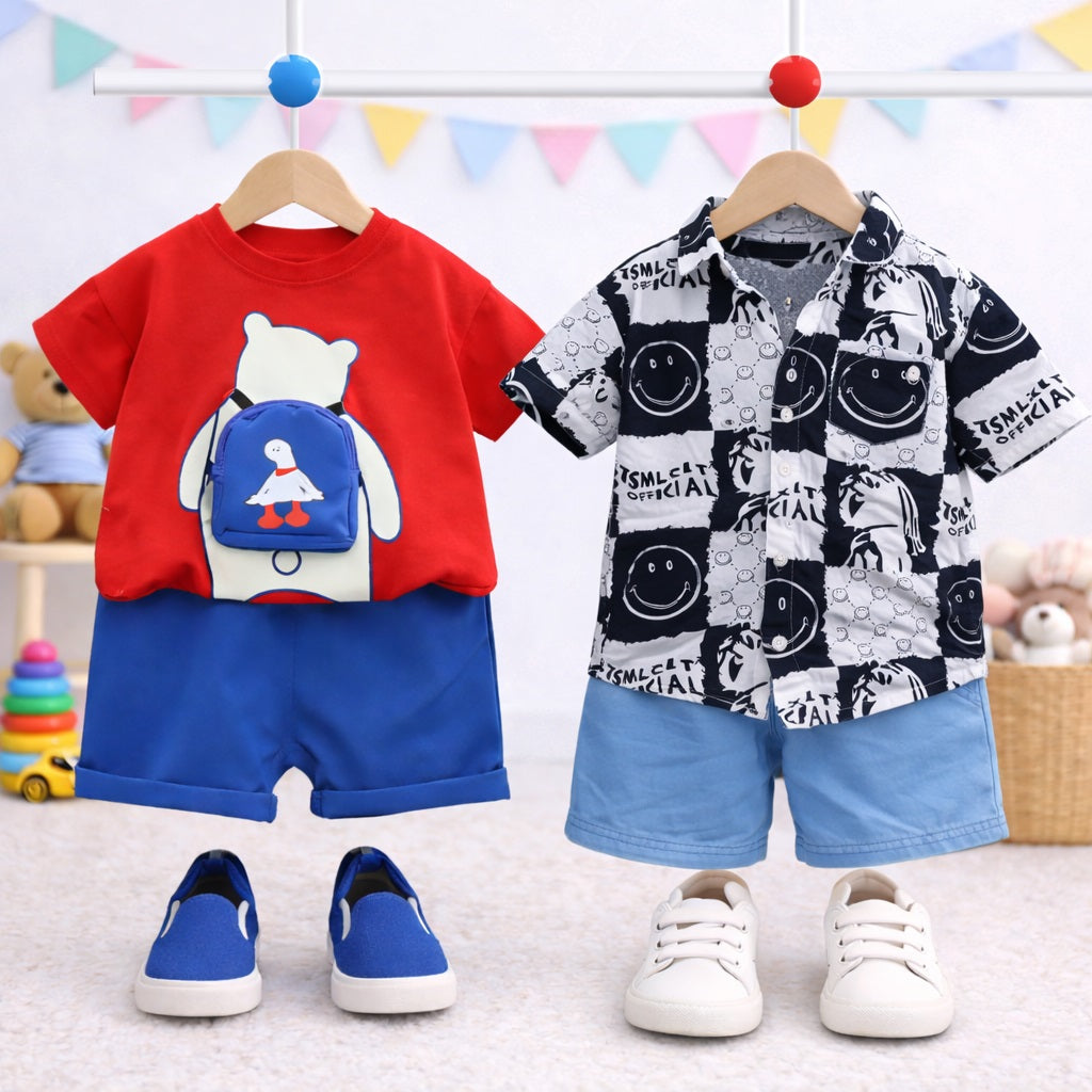 Boys Cotton Half Sleeves Tee & Shorts Set Pack Of 2  - Red & Black