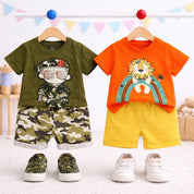 Boys Cotton Half Sleeves Tee & Shorts Set Pack Of 2  - Orange Lion & Green Army