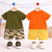 Boys Cotton Half Sleeves Tee & Shorts Set Pack Of 2  - Orange Lion & Green Army