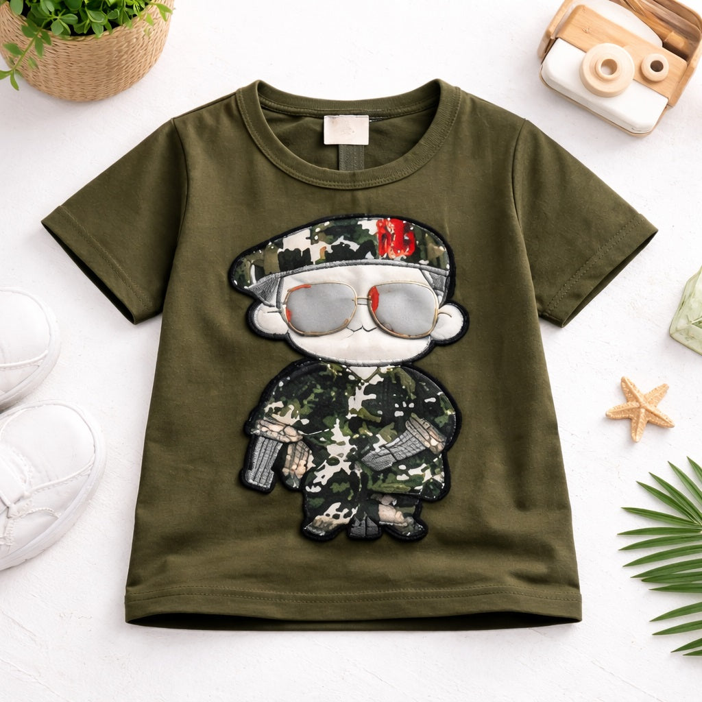 Boys Cotton Half Sleeves Tee & Shorts Set Pack Of 2  - Orange Lion & Green Army