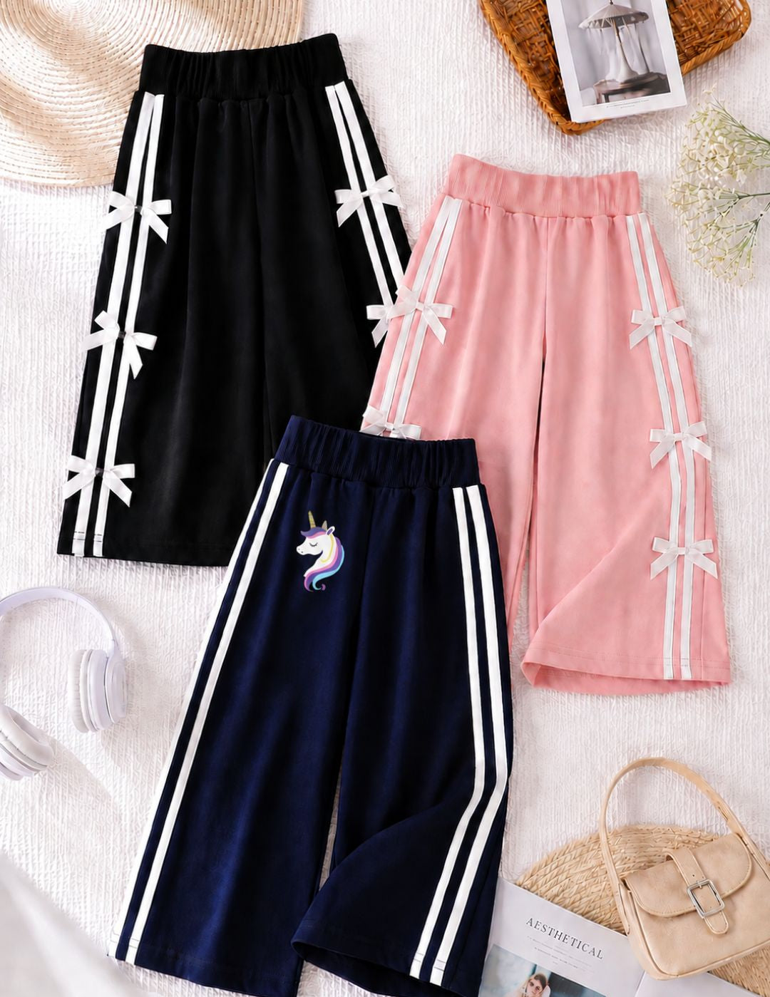 Girls Striped Wide-Leg Pyjama– Pack of 3
