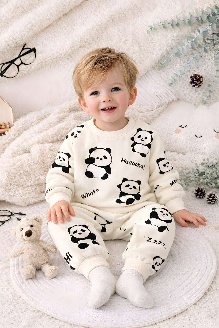 Boy's Cotton Winter Full Sleeves Panda Printed Sweatshirt & Jogger Pant Set - Cream