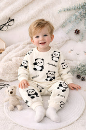 Boy's Cotton Winter Full Sleeves Panda Printed Sweatshirt & Jogger Pant Set - Cream
