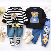Boy's Cotton Teddy Printed Sweatshirt With Joggers Set - Black