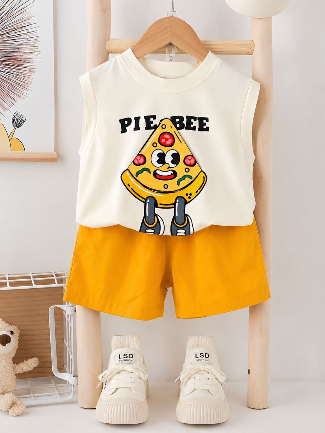 Googo Gaaga Kids Pizza Graphic Sleeveless T-Shirt with Yellow Shorts Set