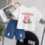 Googo Gaaga Girls Pink Bunny Graphic T-Shirt with Distressed Denim Shorts Set
