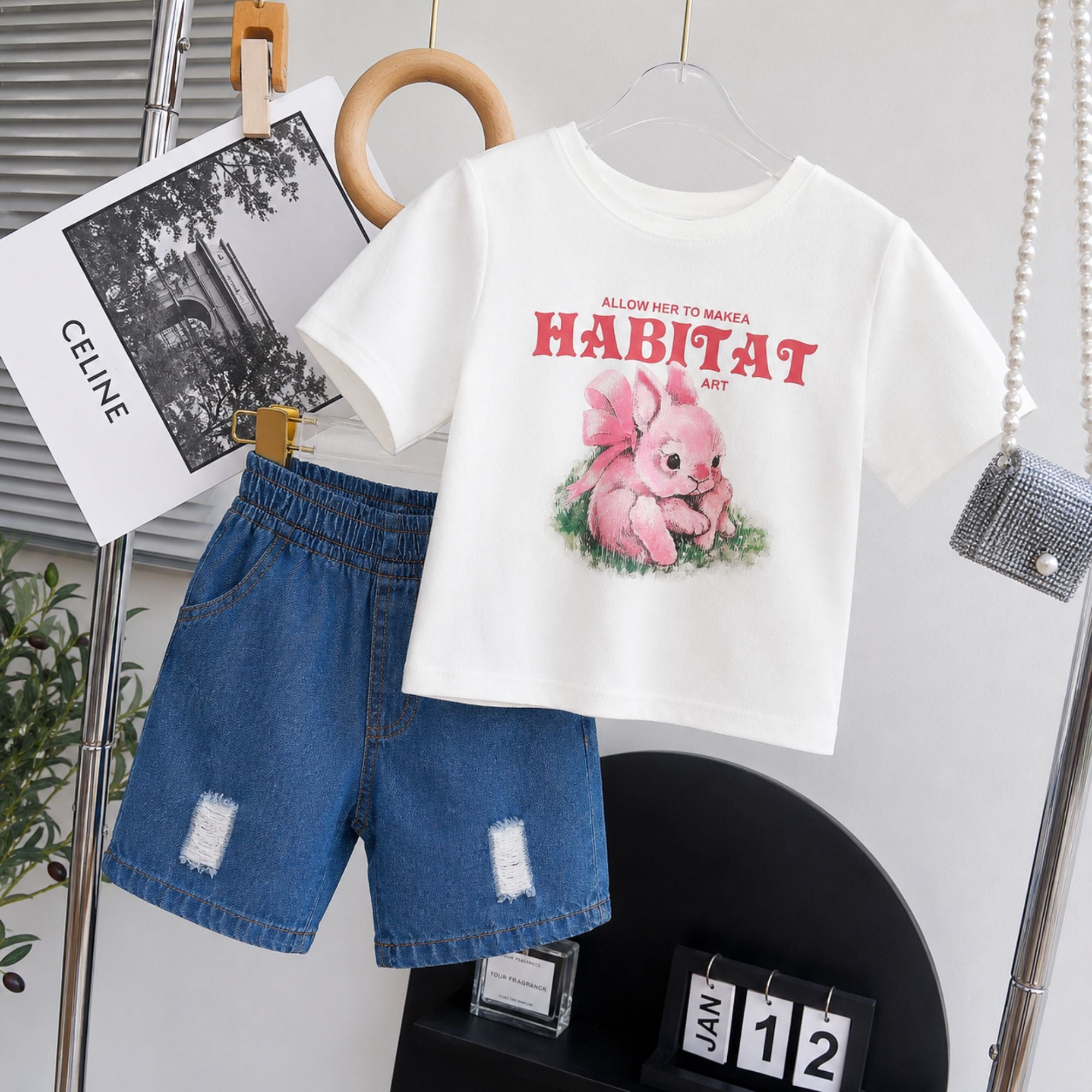 Googo Gaaga Girls Pink Bunny Graphic T-Shirt with Distressed Denim Shorts Set