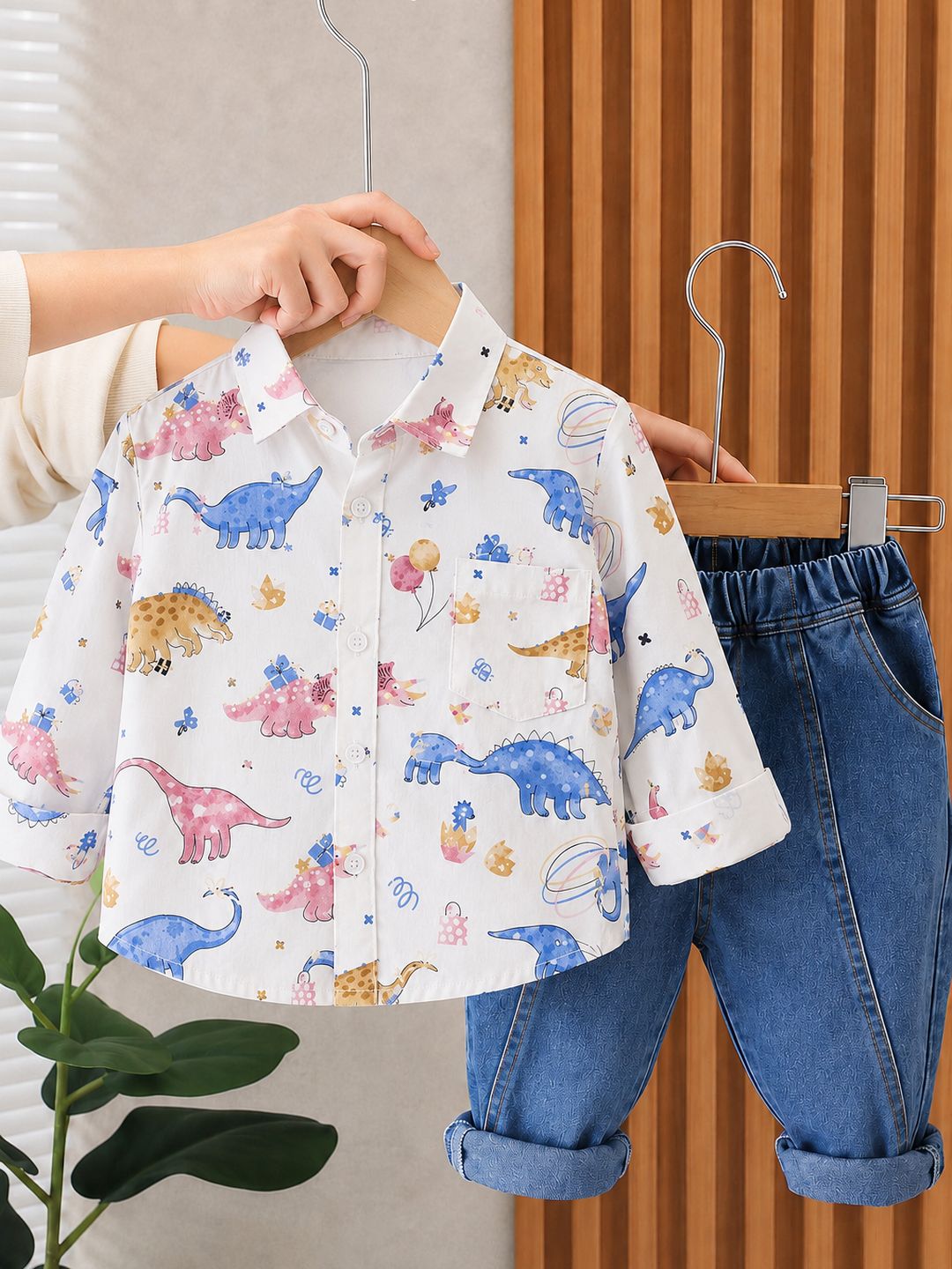 Googo Gaaga Boys Dinosour Printed Shirt with Denim Shorts Set