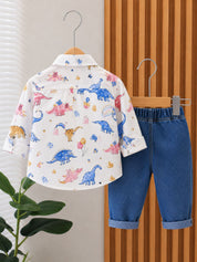 Googo Gaaga Boys Dinosour Printed Shirt with Denim Shorts Set