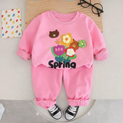 Googo Gaaga Girls Spring Floral & Teddy Bear Printed Full Sleeve Sweatshirt with Matching Jogger Pants Co-Ord Set – Pink
