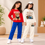 Googo Gaaga Girls Teddy Bear & Adventure Printed Full Sleeve T-Shirt and Pyjama Co-Ord Sets – Pack of 2 (Red Blue & Cream)