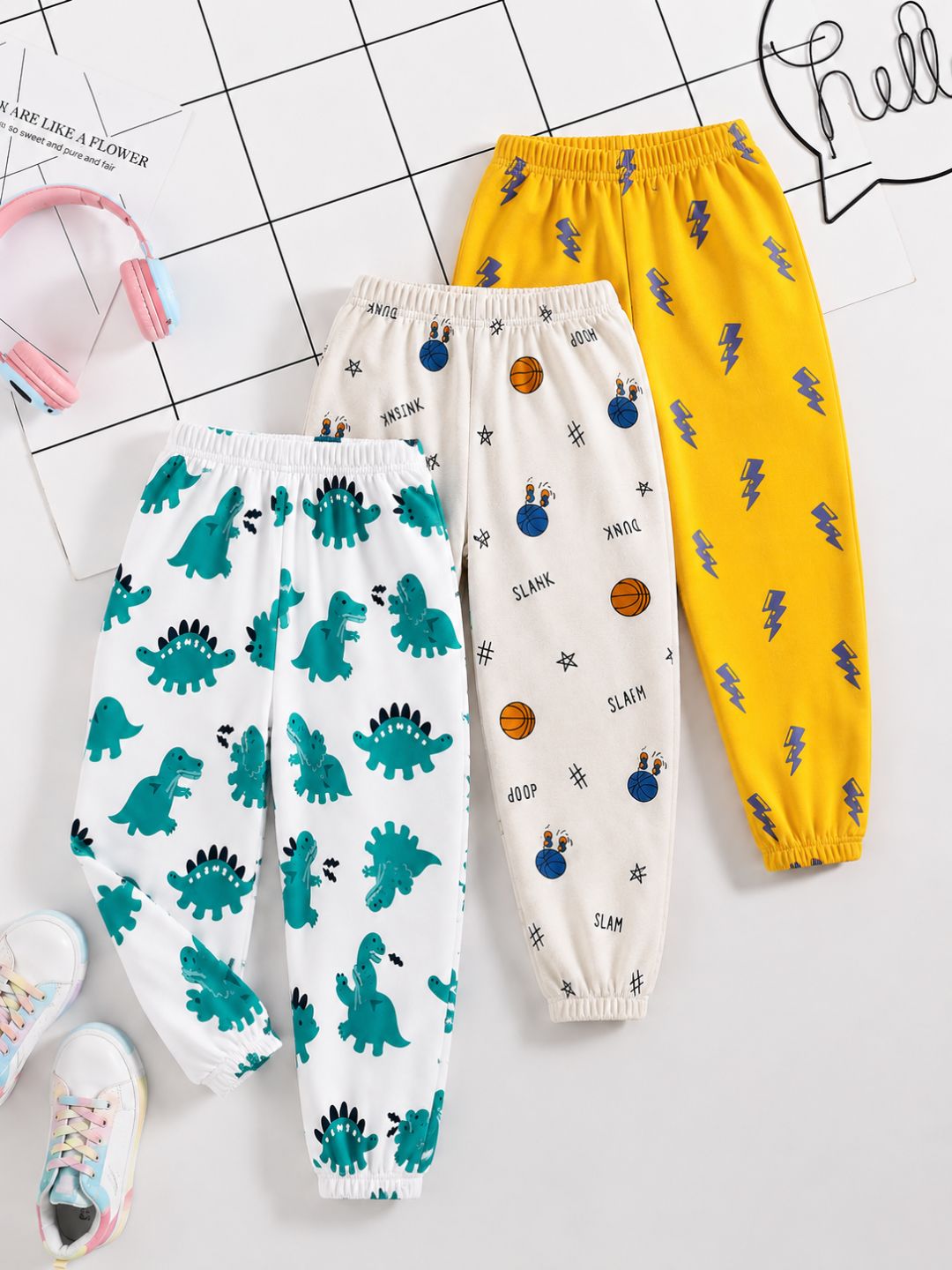 Googo Gaaga Girls Dinosaur, Basketball & Lightning Printed Cotton Joggers – Pack of 3