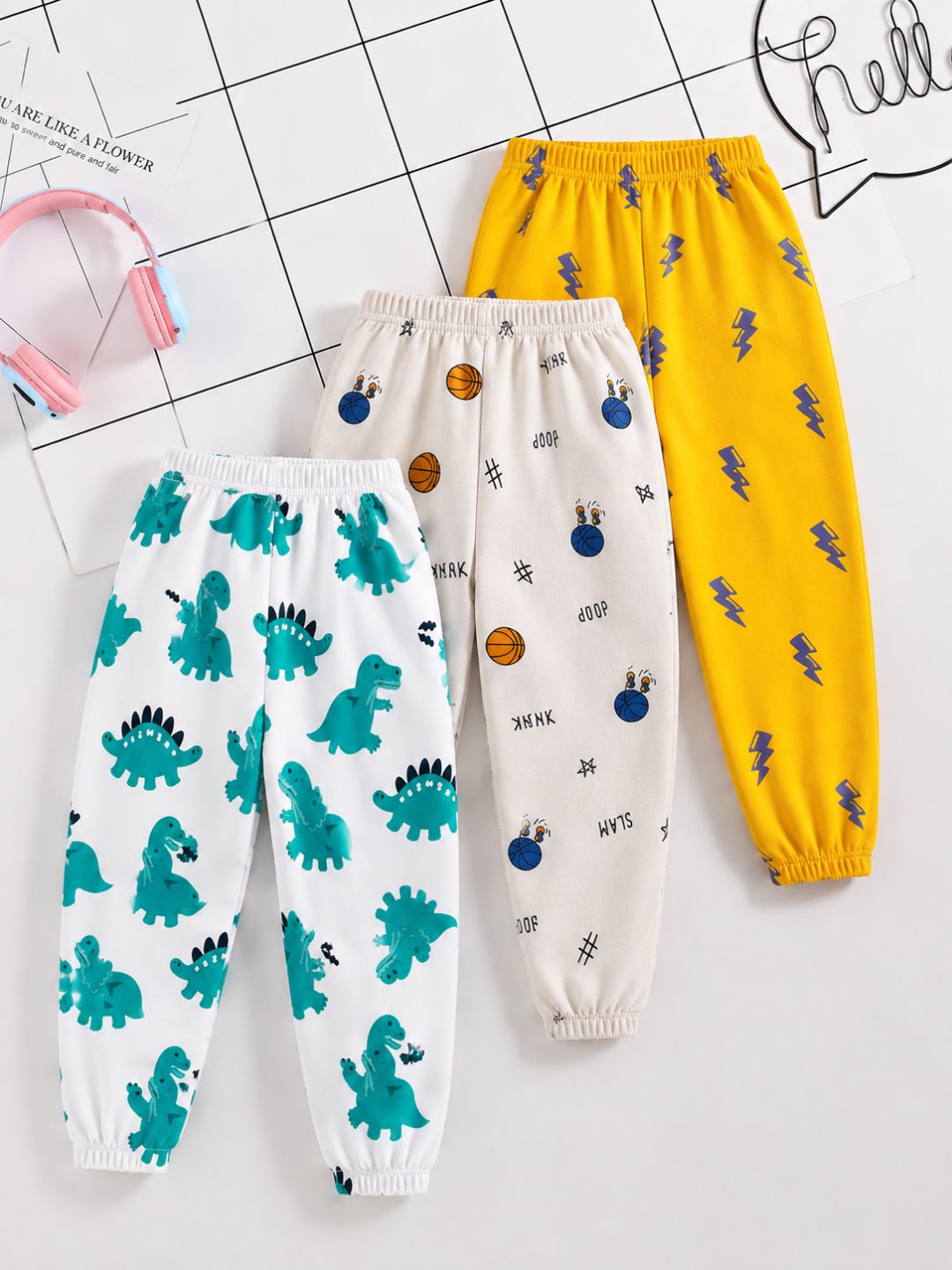Googo Gaaga Girls Dinosaur, Basketball & Lightning Printed Cotton Joggers – Pack of 3