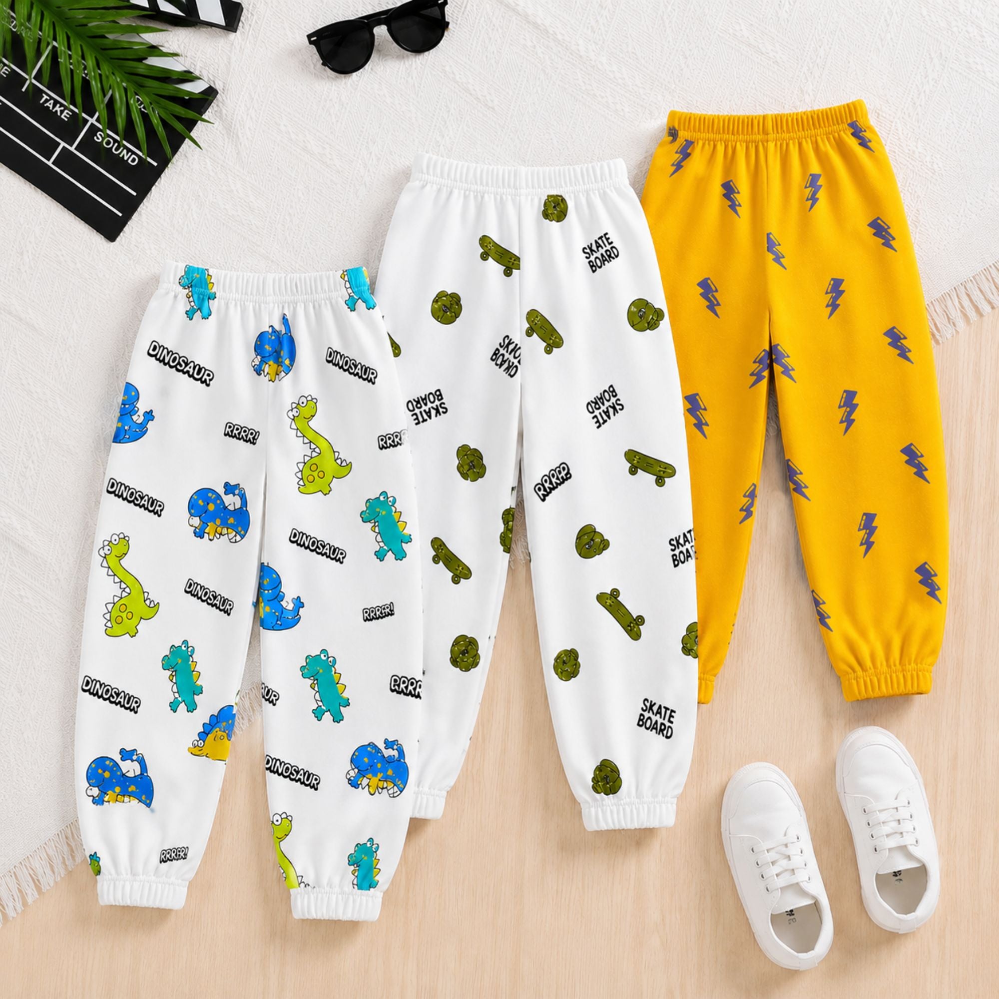 Googo Gaaga Girls Dinosaur, Skateboard & Lightning Printed Cotton Joggers – Pack of 3