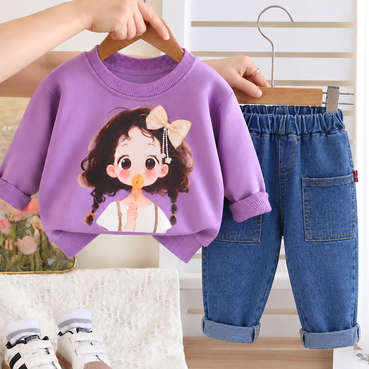 Googo Gaaga Girls Cute Cartoon Girl Printed Full Sleeve Sweatshirt with Blue Denim Jeans Set – Purple & Blue