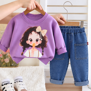 Googo Gaaga Girls Cute Cartoon Girl Printed Full Sleeve Sweatshirt with Blue Denim Jeans Set – Purple & Blue