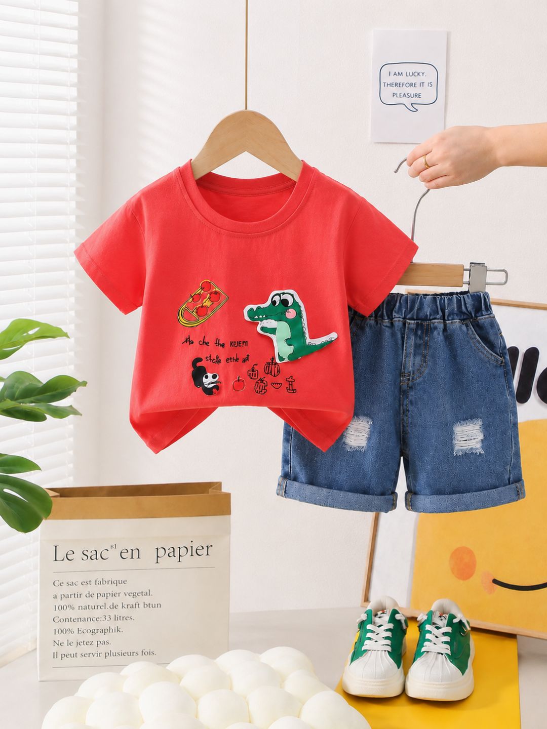 Googo Gaaga Unisex Cotton Alligator Printed T-Shirt & Shorts Set - Red
