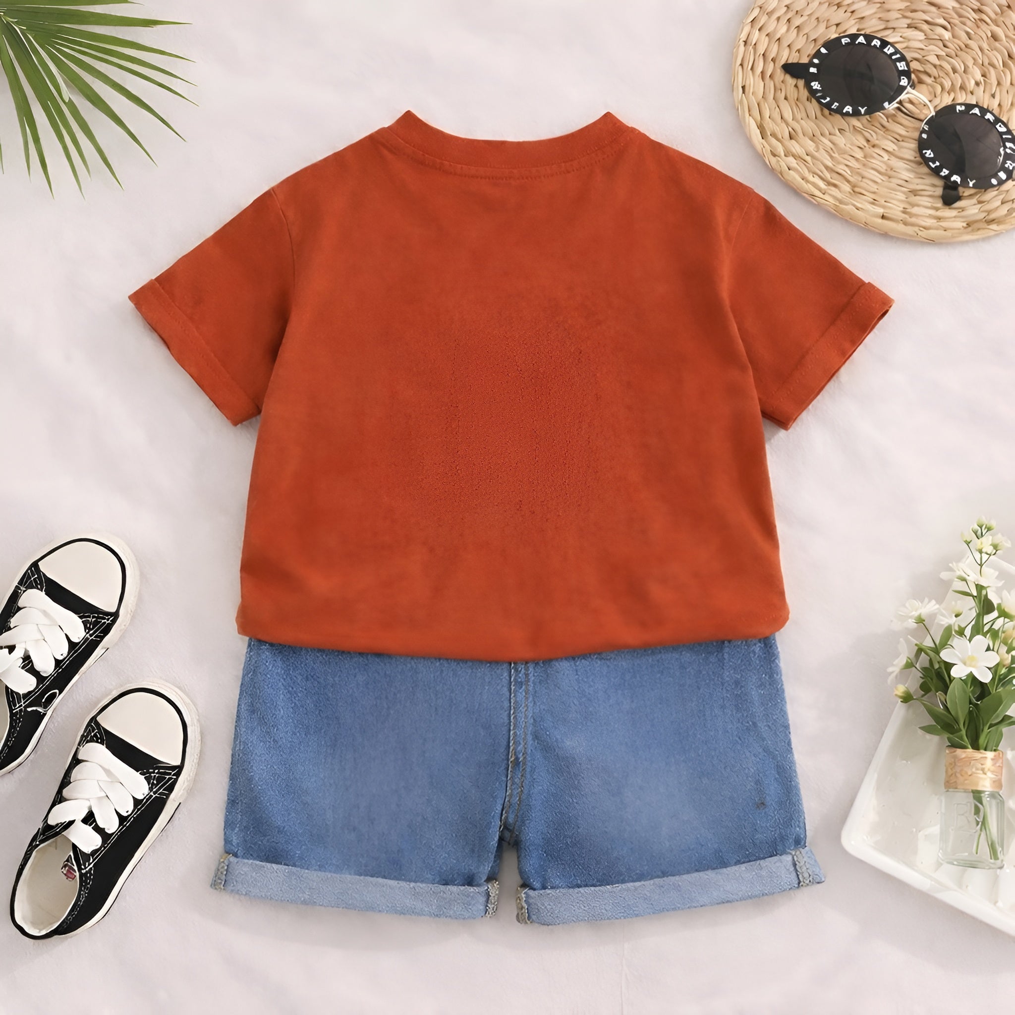 Boy's Cotton Car Print T-Shirt & Shorts Set - Red