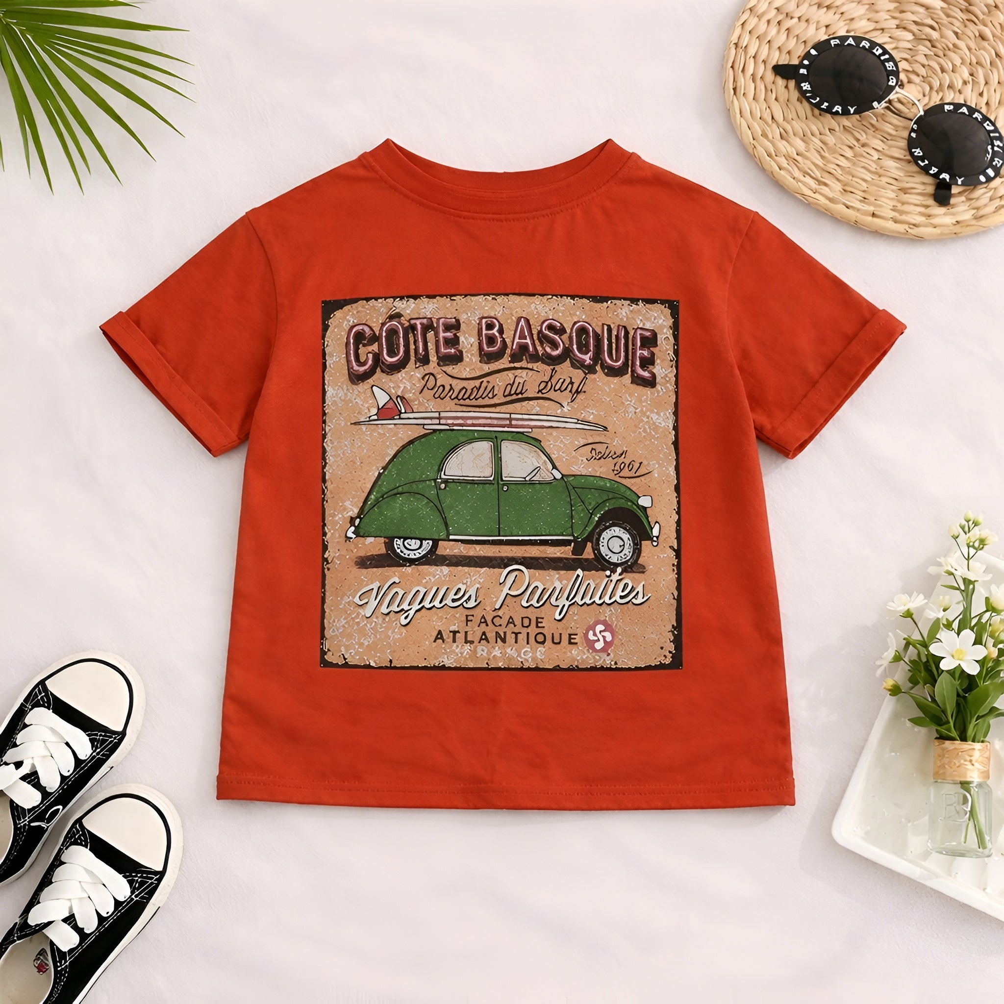 Boy's Cotton Car Print T-Shirt & Shorts Set - Red