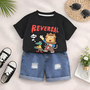 Boy's Cotton Animal Print T-Shirt & Shorts Set - Black