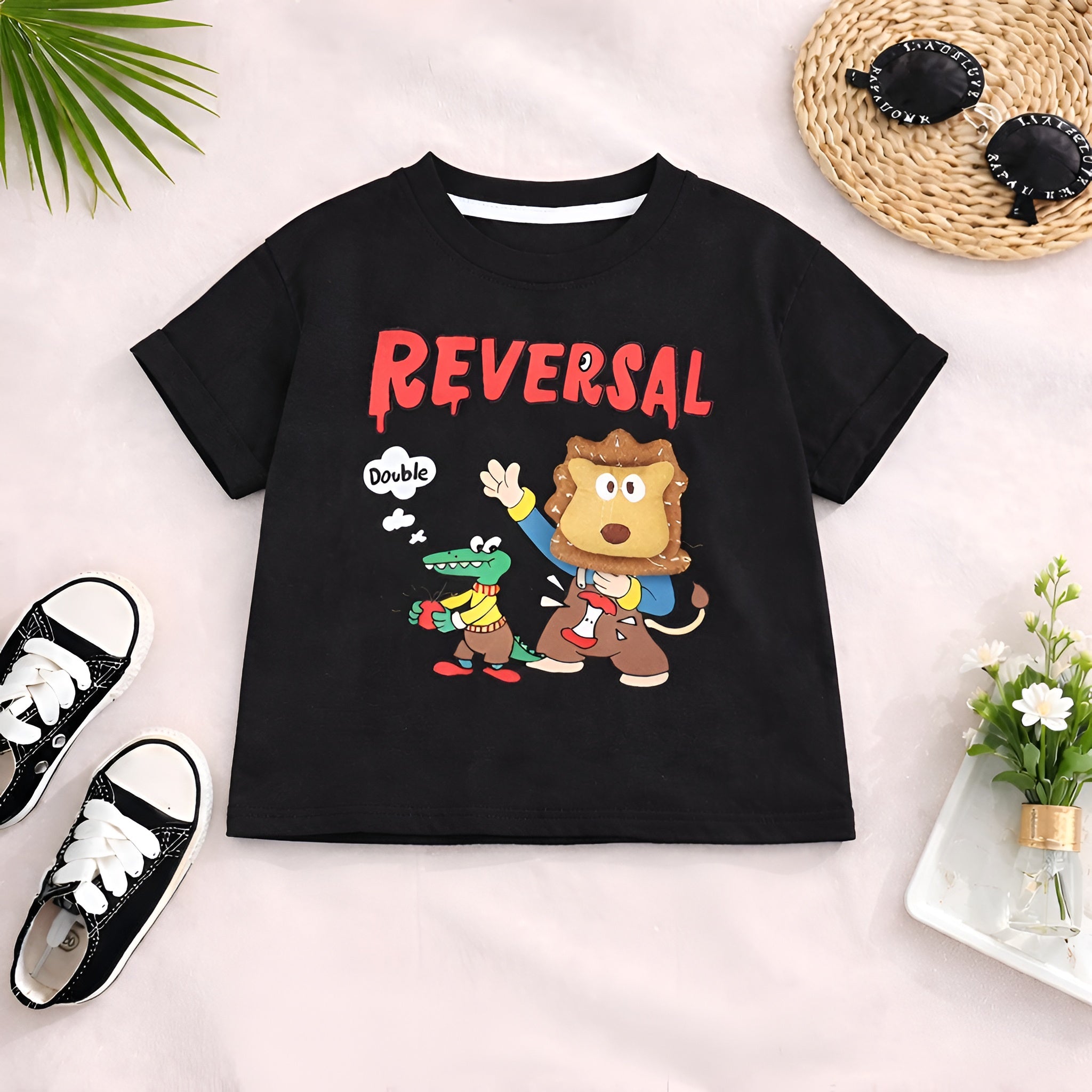 Boy's Cotton Animal Print T-Shirt & Shorts Set - Black
