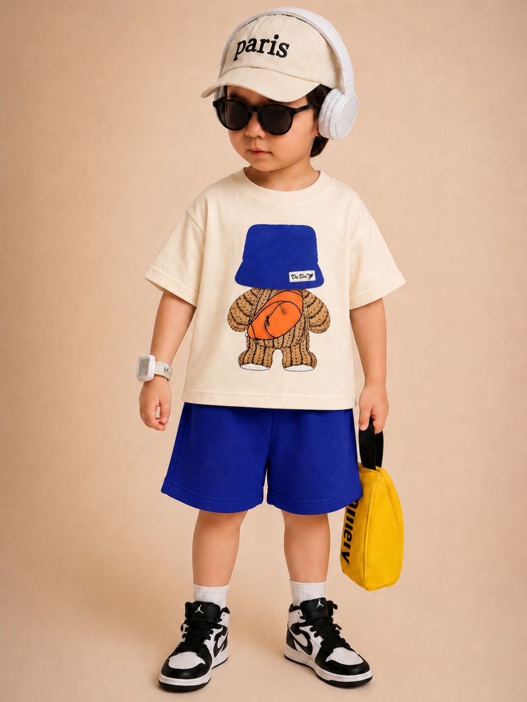Googo Gaaga Boys Cotton Cap Bear Printed T-Shirt & Shorts Set - Navy