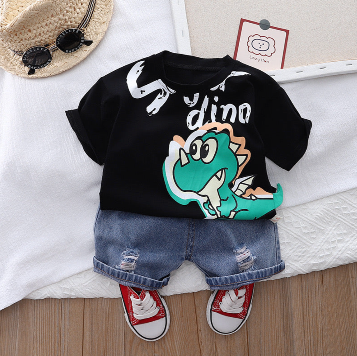 Boys Cotton Light Winter Knit Dino & Text Printed Sweatshirt T-shirt and Bottom Set Pack of 2 - Cream & Black