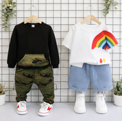 Boys Cotton Light Winter Knit Rainbow & Camouflage Printed Sweatshirt T-shirt and Bottoms Set Pack of 2 - Black & White