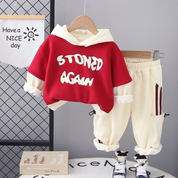 Boy's Cotton Fleece Winter Full Sleeves Text Printed Hooded Sweatshirt & Jogger Pant Set - Red