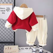 Boy's Cotton Fleece Winter Full Sleeves Text Printed Hooded Sweatshirt & Jogger Pant Set - Red