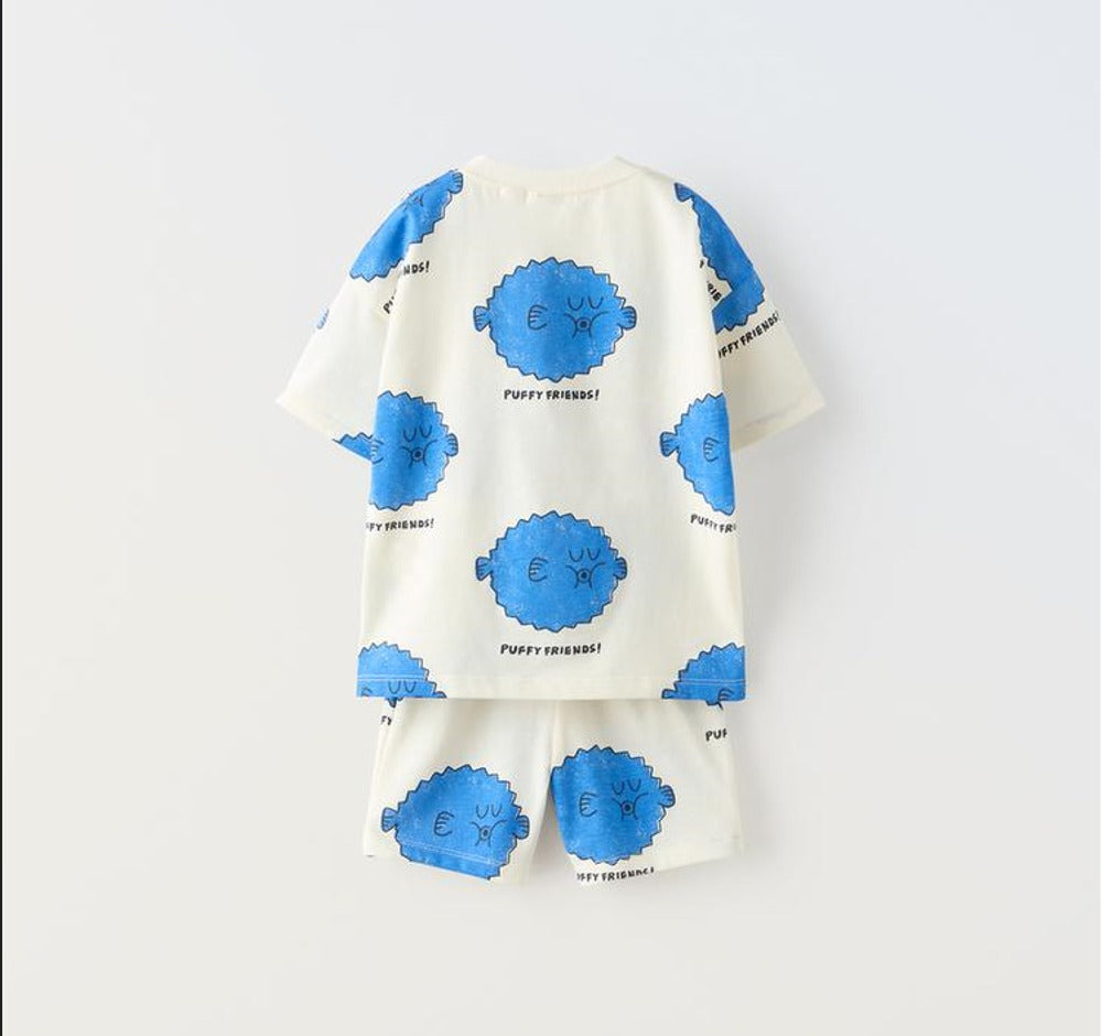 Boy's Cotton Half Sleeves Printed T-Shirt with Shorts Set in Cream (PuffyFriend)