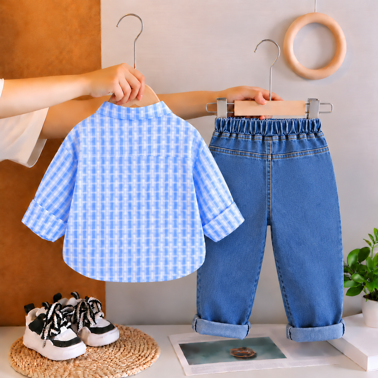 Googo Gaaga Kids Blue & White Checkered Fruit Applique Full Sleeve Shirt with Blue Denim Jeans Co-Ord Set