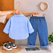 Googo Gaaga Kids Blue & White Checkered Fruit Applique Full Sleeve Shirt with Blue Denim Jeans Co-Ord Set