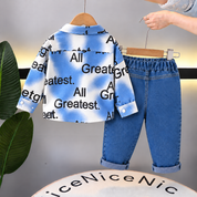 Googo Gaaga Kids Blue & White Typography Printed Full Sleeve Shirt with Blue Denim Jeans Co-Ord Set