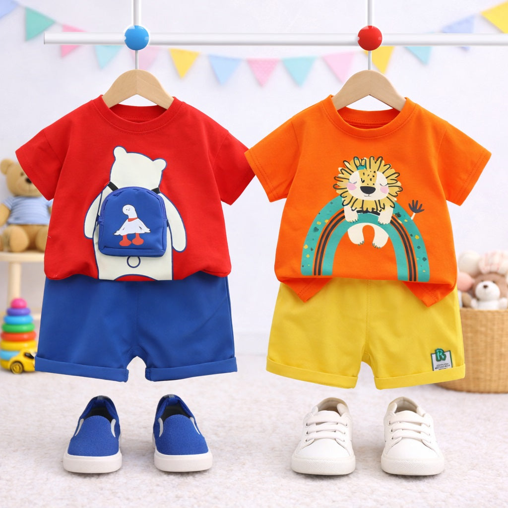 Boys Cotton Half Sleeves Tee & Shorts Set Pack Of 2  - Orange Lion & Bag Bear