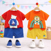 Boys Cotton Half Sleeves Tee & Shorts Set Pack Of 2  - Orange Lion & Bag Bear