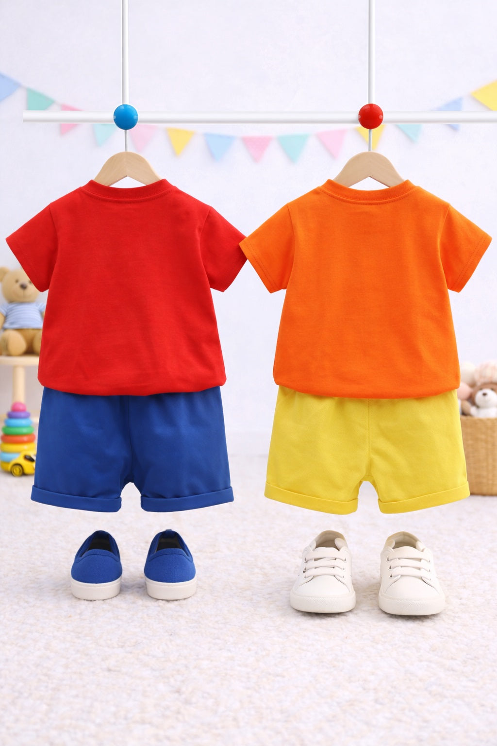 Boys Cotton Half Sleeves Tee & Shorts Set Pack Of 2  - Orange Lion & Bag Bear