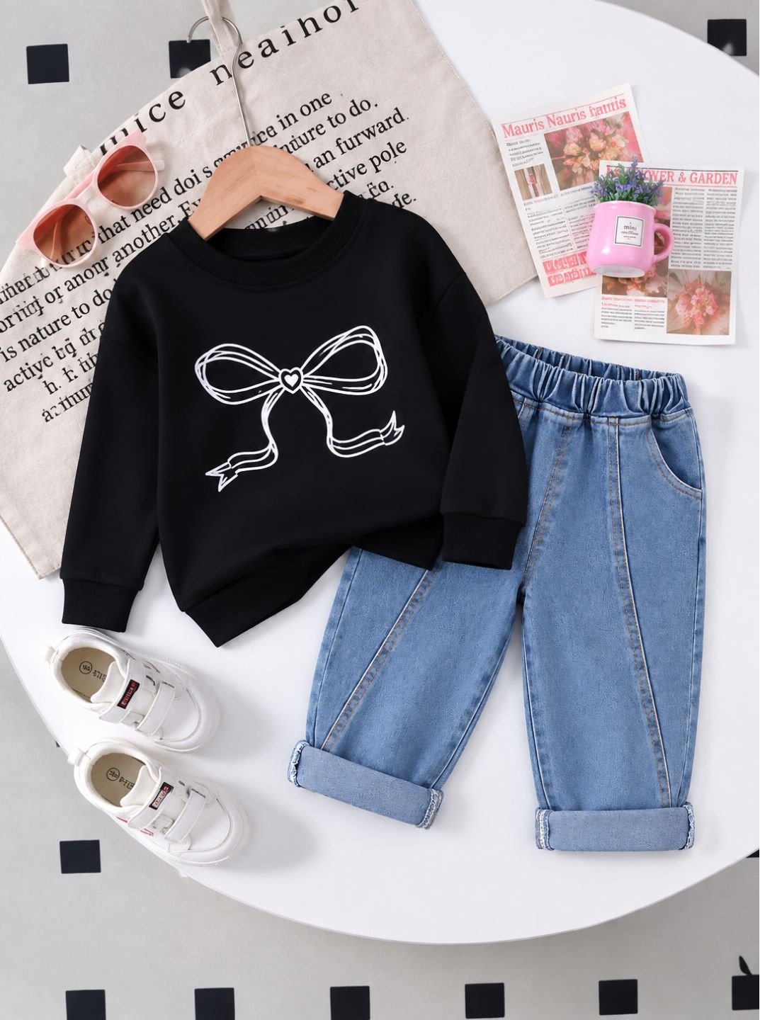 Googo Gaaga Girls Black Bow Print Sweatshirt with Blue Denim Jeans Set