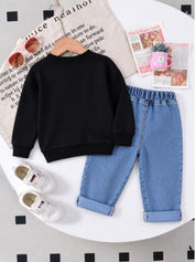 Googo Gaaga Girls Black Bow Print Sweatshirt with Blue Denim Jeans Set