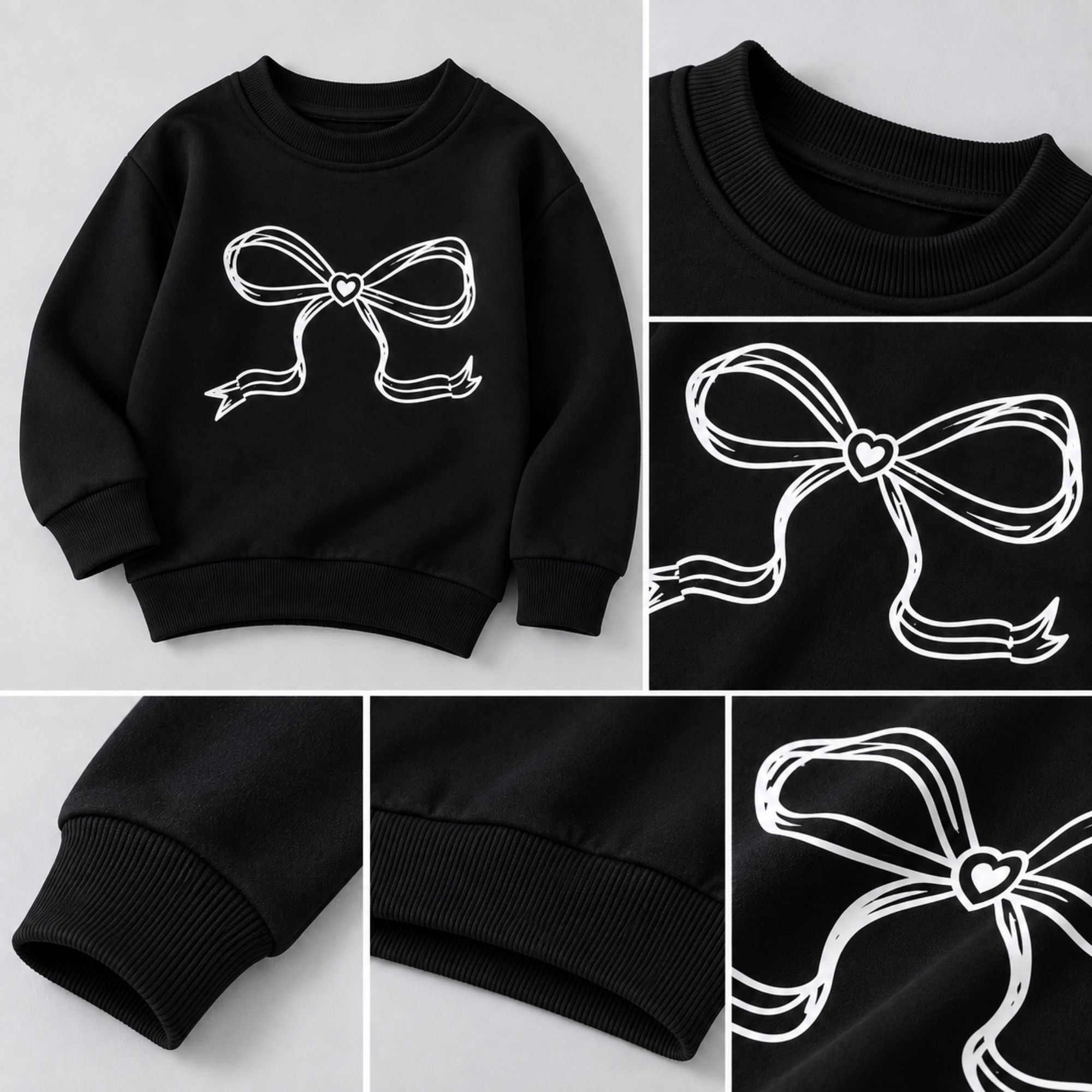 Googo Gaaga Girls Black Bow Print Sweatshirt with Blue Denim Jeans Set