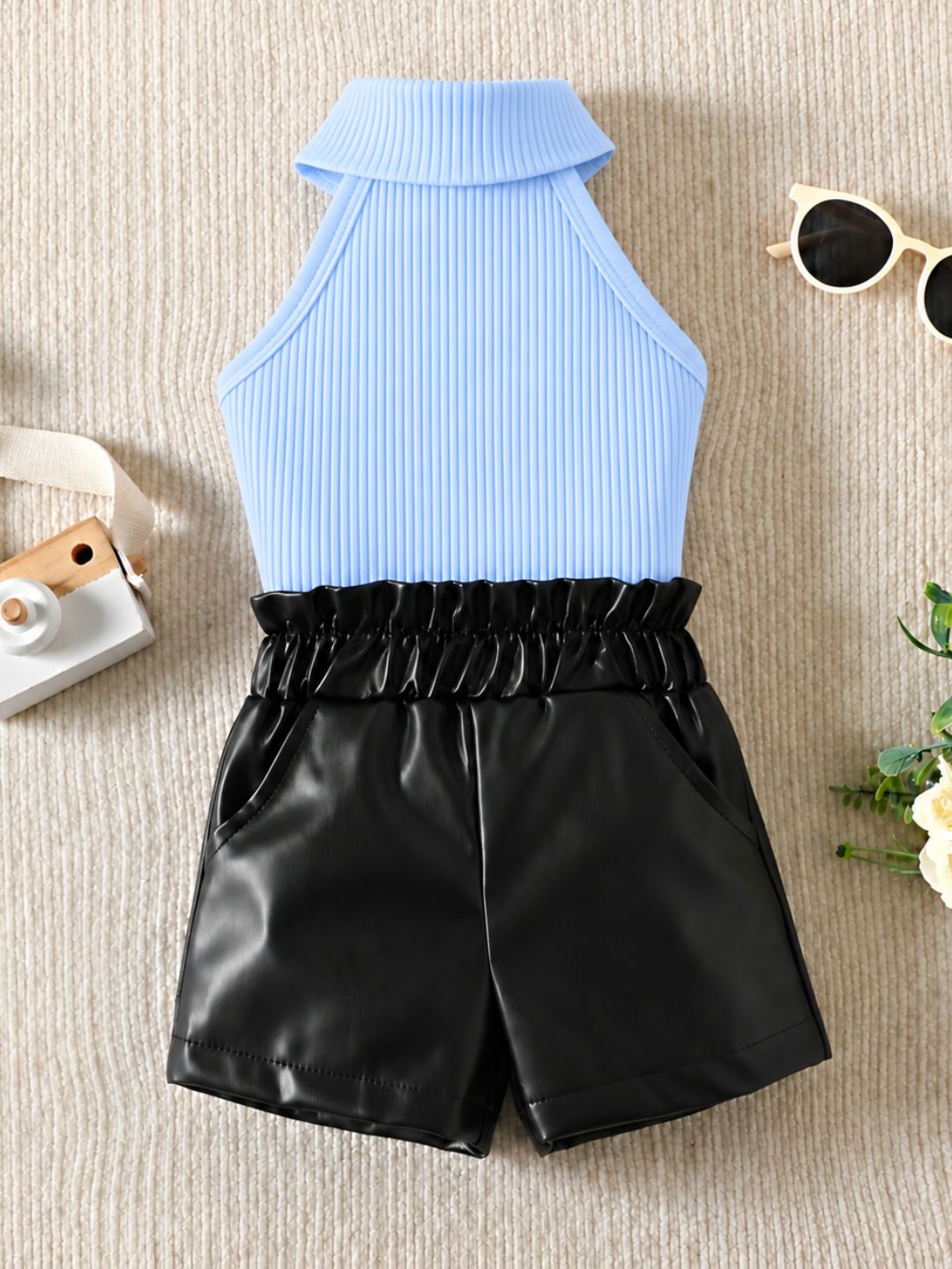 Googo Gaaga Girls Blue Ribbed High-Neck Top with Black Faux Leather Shorts Set