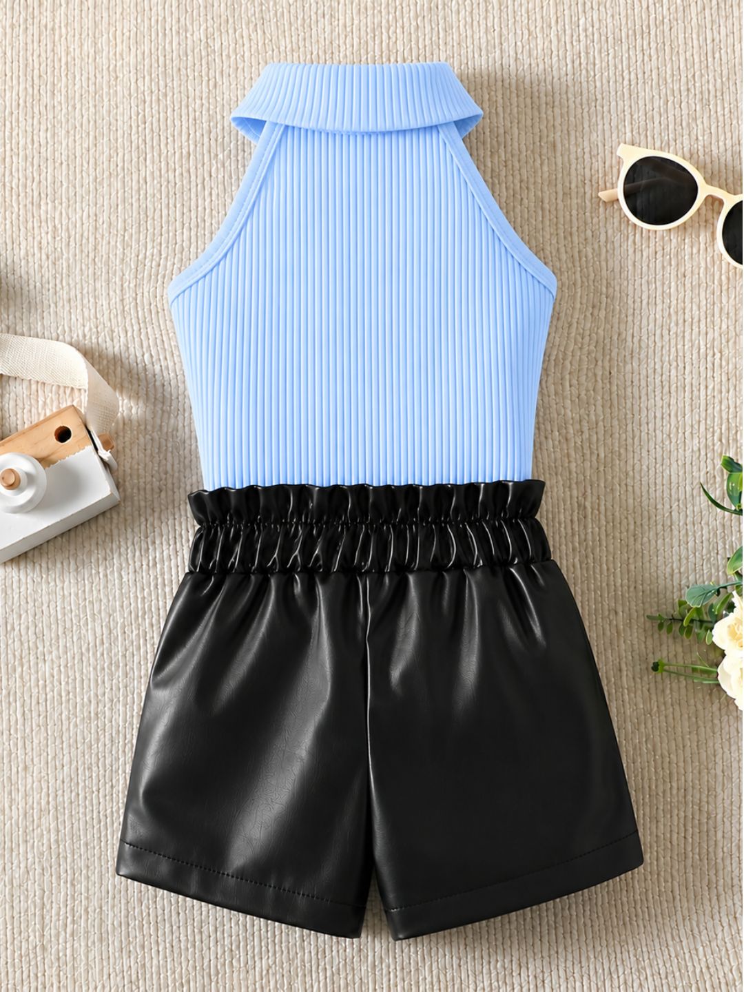 Googo Gaaga Girls Blue Ribbed High-Neck Top with Black Faux Leather Shorts Set