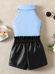 Googo Gaaga Girls Blue Ribbed High-Neck Top with Black Faux Leather Shorts Set