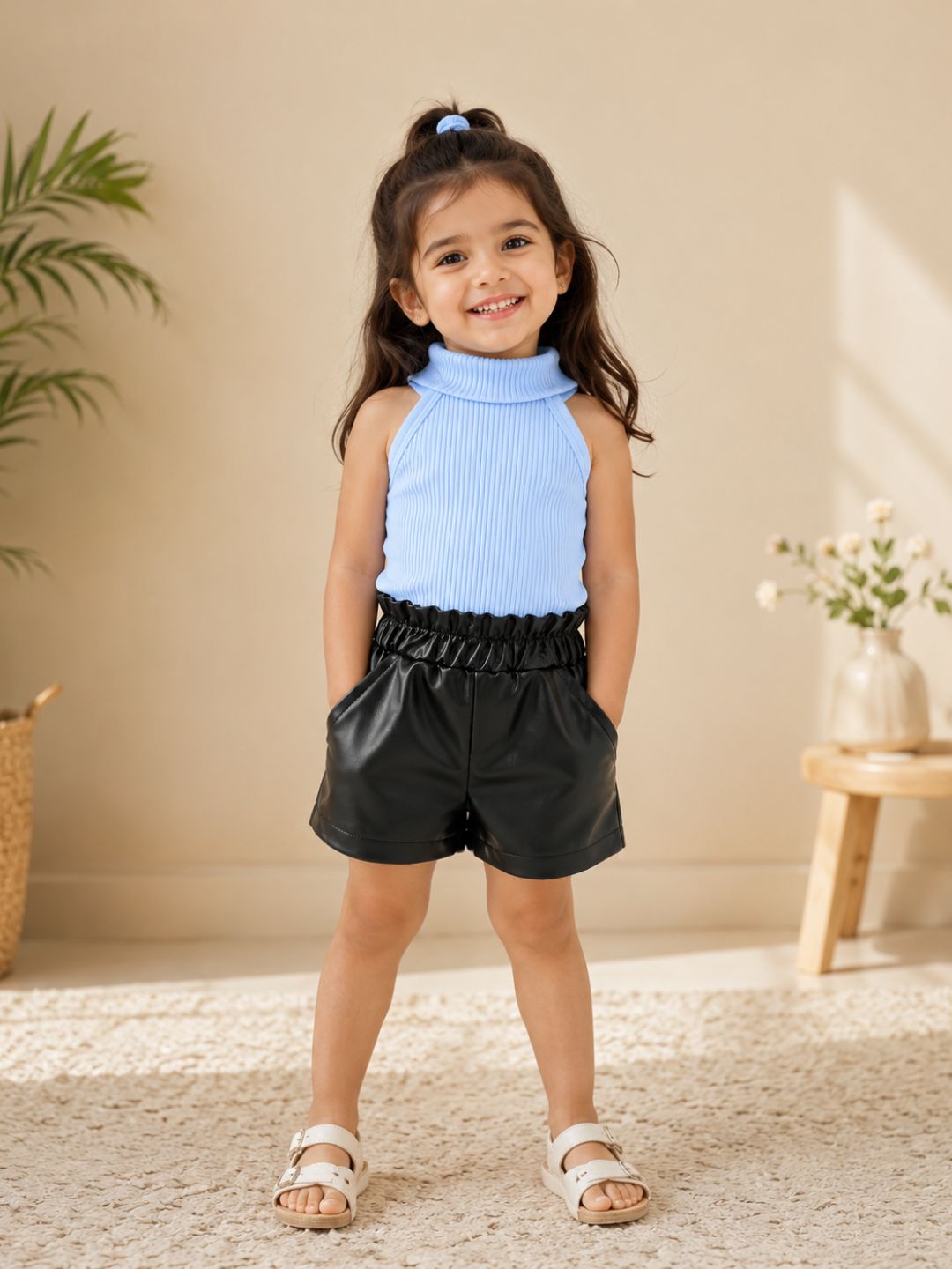 Googo Gaaga Girls Blue Ribbed High-Neck Top with Black Faux Leather Shorts Set