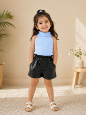 Googo Gaaga Girls Blue Ribbed High-Neck Top with Black Faux Leather Shorts Set